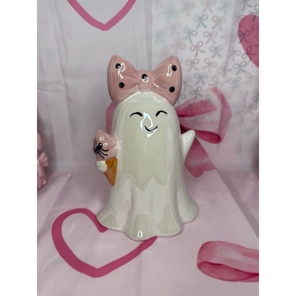 Viral Ceramic Halloween Ghost With Big Pink Bow & Ice Cream Cone